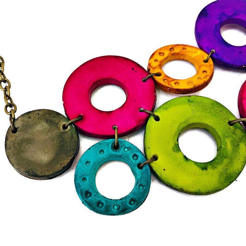 Colorful Linked Circle Jewelry Set, Statement Necklace & Earrings, Handmade Polymer Clay