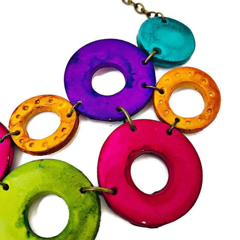 Colorful Linked Circle Statement Necklace, Handmade Polymer Clay
