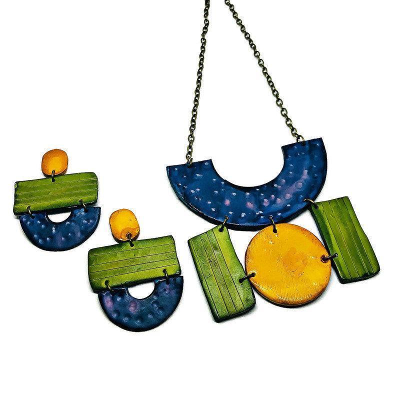 Colorful Painted Statement Necklace with Geometric Design
