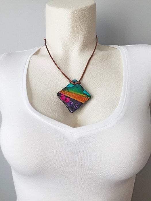 Abstract Geometric Pendant Necklace Handmade | Colorful Polymer Clay
