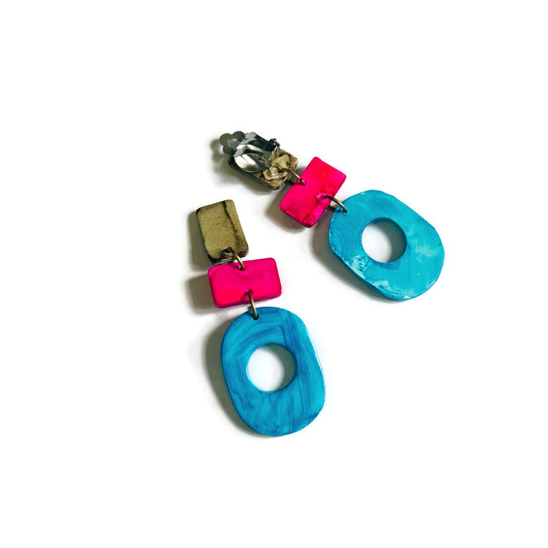 Long Colorful Earrings in Blue, Pink & Grey
