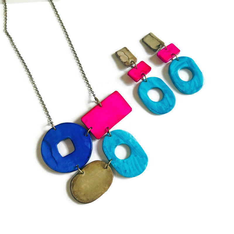 Long Colorful Earrings in Blue, Pink & Grey