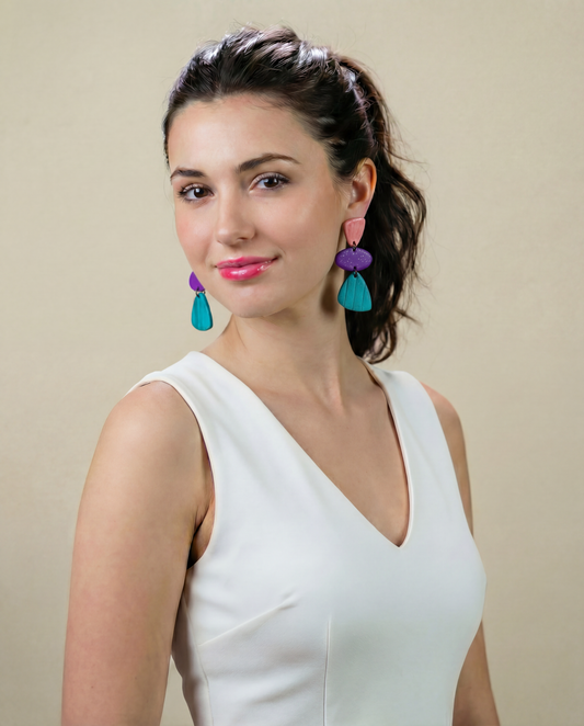 Tri Color Clip On Statement Earrings Handmade- "Amy"