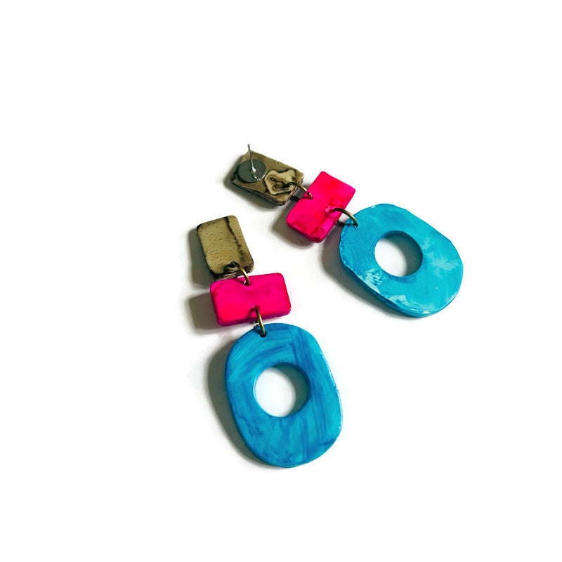 Bright Clip On Earrings in Blue, Pink & Grey