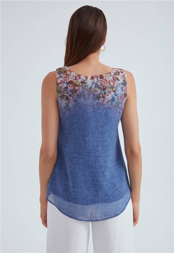 Crew Neck Ombre Floral Printed Georgette Top - Blue