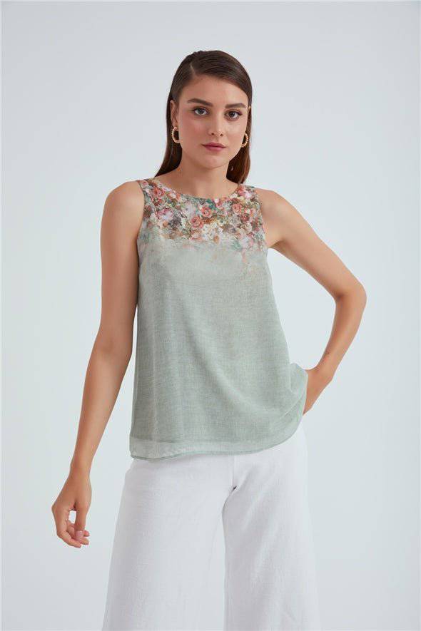 Crew Neck Ombre Floral Printed Georgette Top - Sage