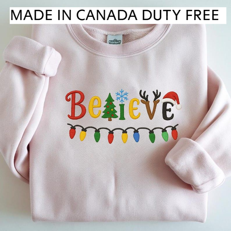 Embroidered Believe Christmas Lights Holiday Sweatshirt Design