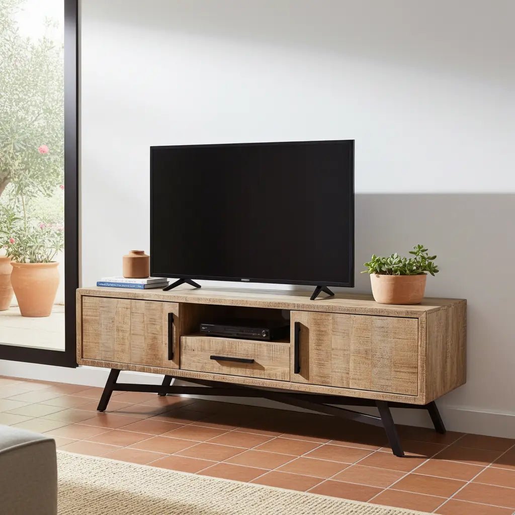 Meuble télé en bois de manguier brut sur patte en acier noir