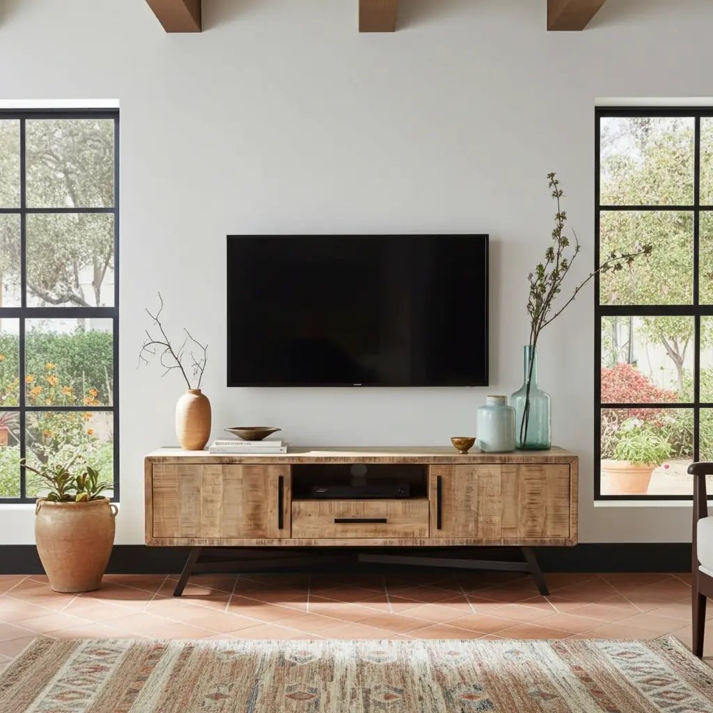 Meuble télé en bois de manguier brut sur patte en acier noir