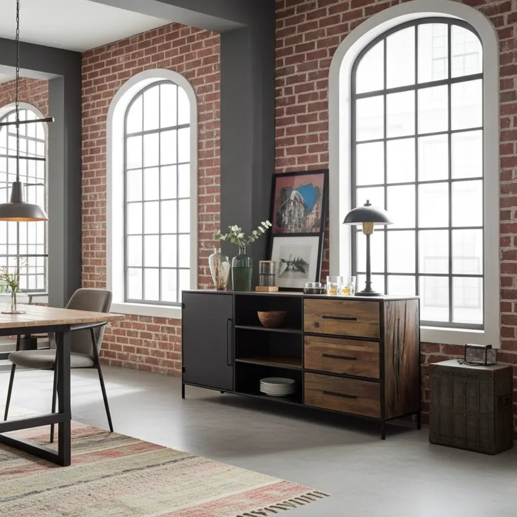 Buffet en bois recyclé avec porte en acier et 3 tiroirs