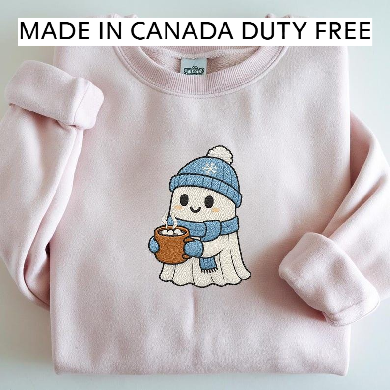 Embroidered Winter Ghost with Hot Cocoa – Cute Christmas Sweatshirt Design