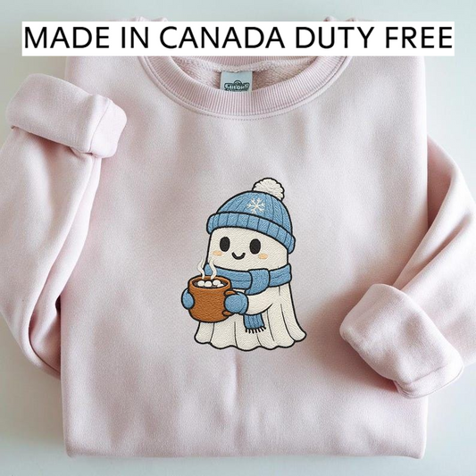 Embroidered Winter Ghost with Hot Cocoa – Cute Christmas Sweatshirt Design