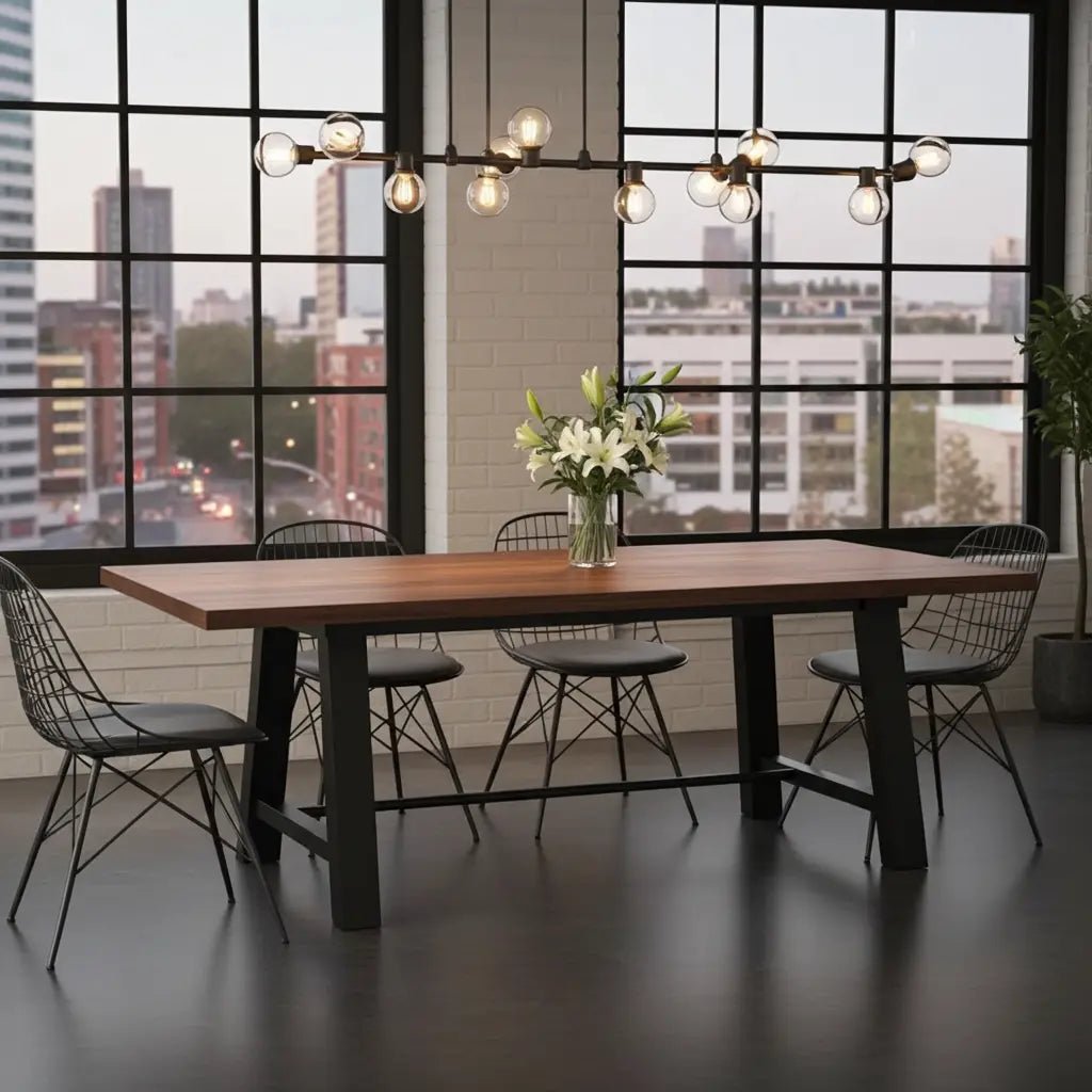 Table à diner industrielle style Établie patte en acier noir avec plateau en acacia