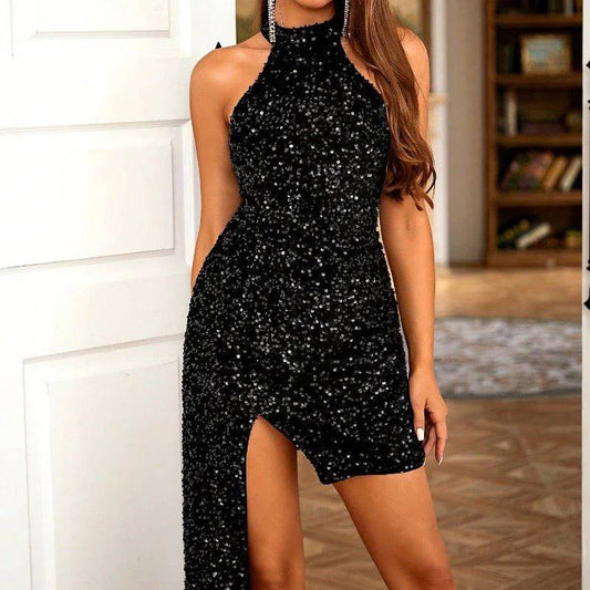 Draped Side Halter Neck Slim Fit Velvet Sequin Evening Mini Dress - Black
