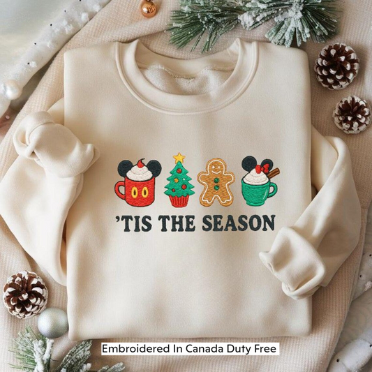 Embroidered Christmas Sweatshirt – ’Tis the Season Holiday Mug, Tree & Gingerbread Design