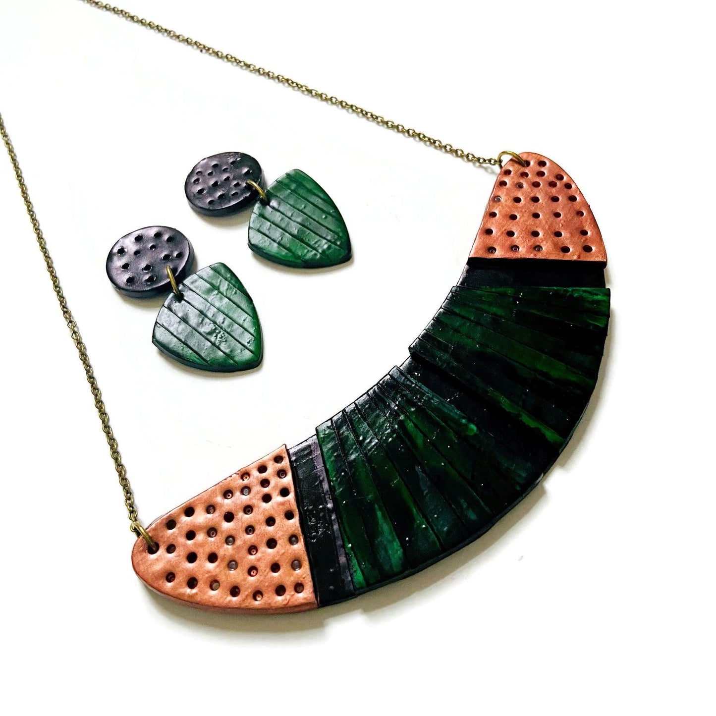 Emerald Green Statement Necklace with Black & Copper Accents