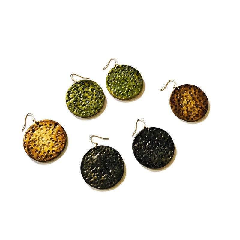 Extra Large Disc Dangle Earrings, Handmade – Hammered Metallic Style