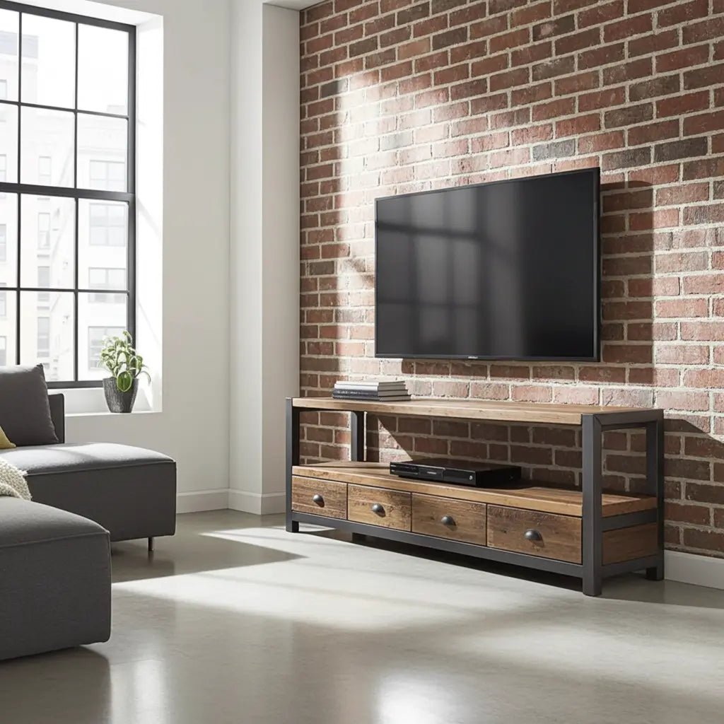 Meuble tv industriel bois Recyclé et acier avec 4 tiroirs