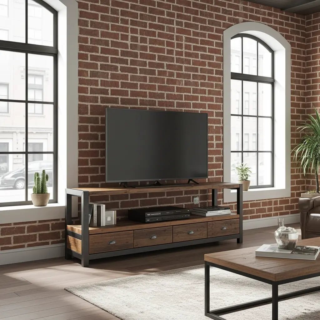 Meuble tv industriel bois Recyclé et acier avec 4 tiroirs