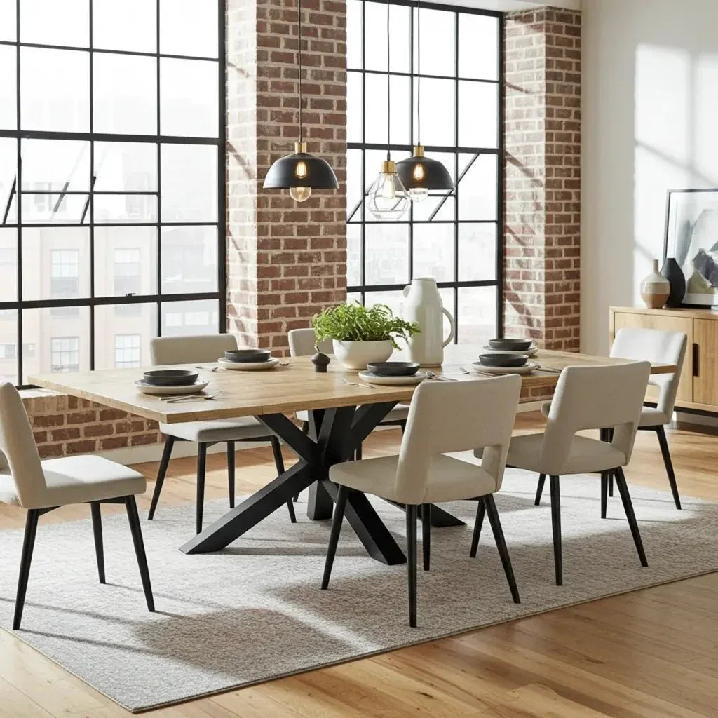 Table à diner patte Spider noir mat avec plateau en bois de manguier extensible