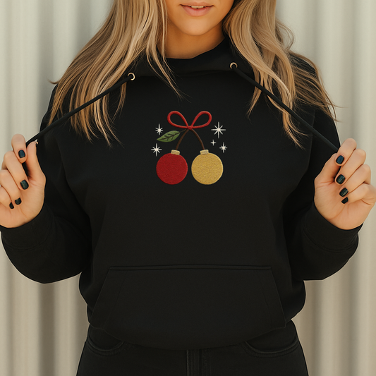 Embroidered Hoodie – Christmas Ornaments with Bow Design