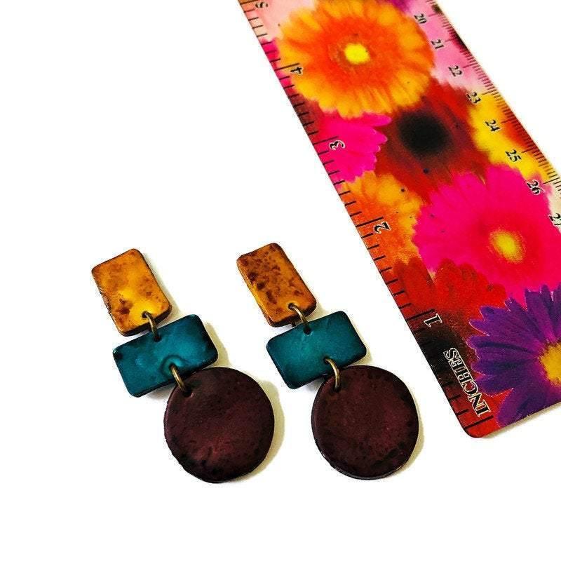 Geometric Statement Necklace, Maroon, Teal & Mustard Yellow, Handmade Polymer Clay