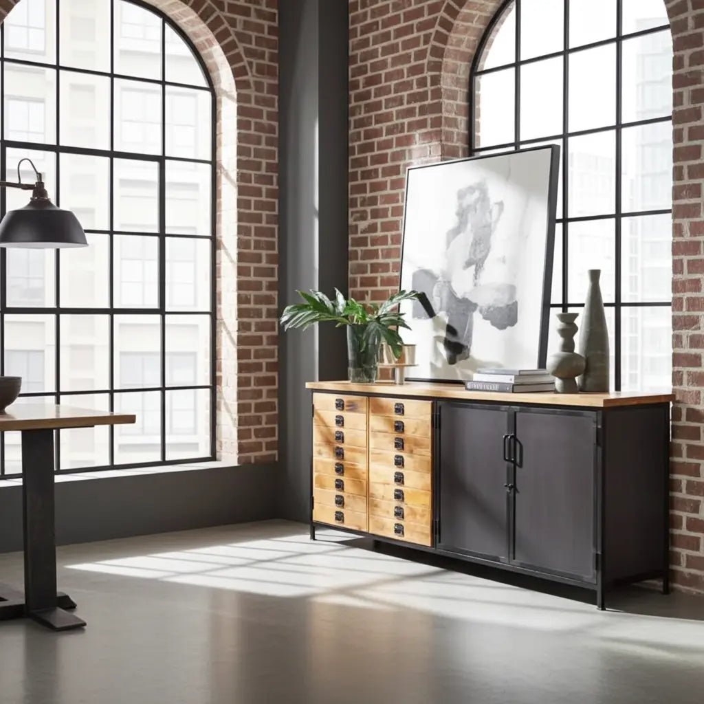 Buffet industriel en bois de manguier 4 portes bois et acier