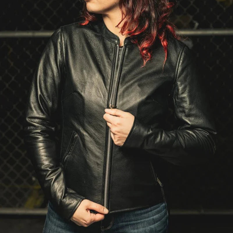 Women’s Motorcycle Leather Jacket. Lightweight Cowhide with Armor Pockets