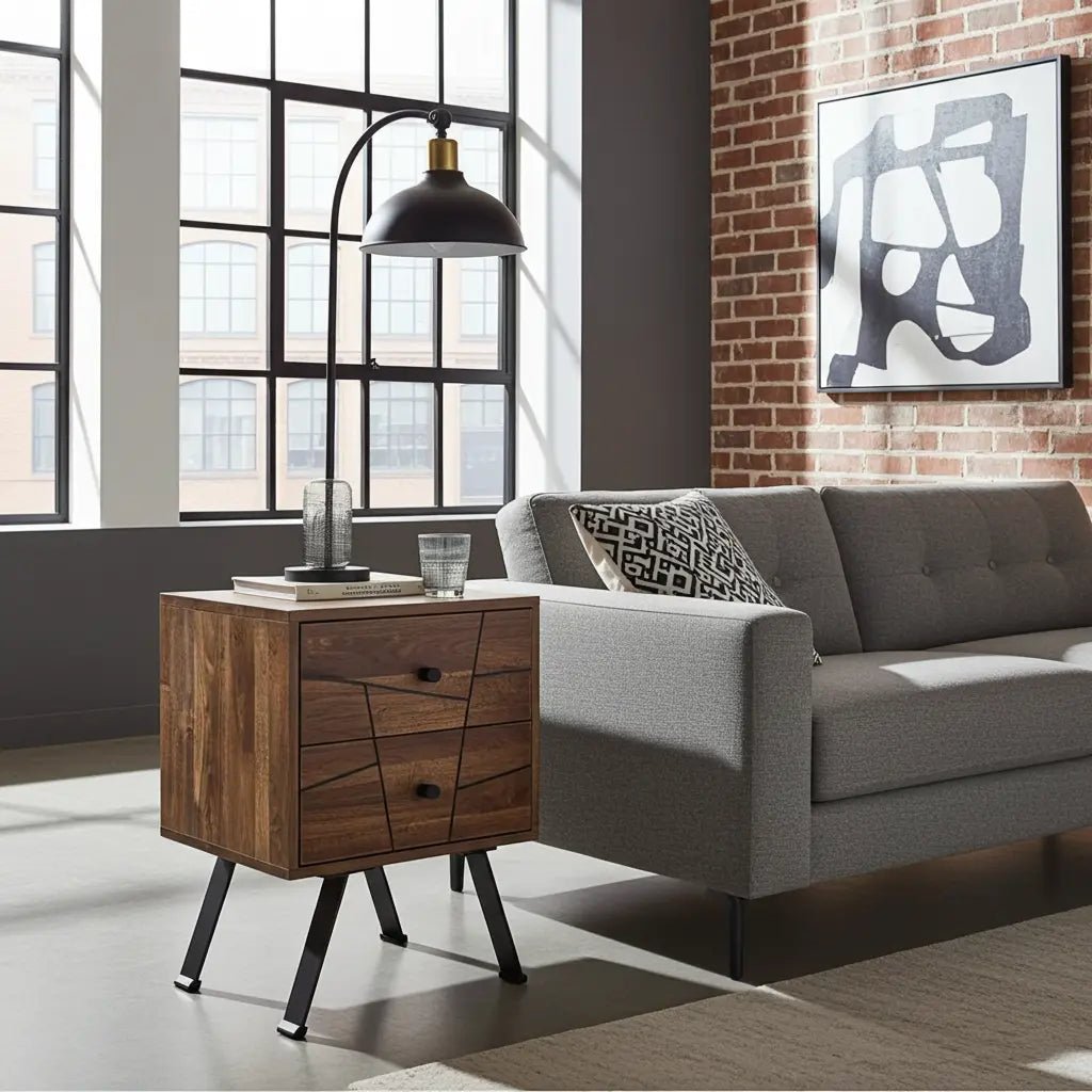 Table d'appoint style Mid-Century en bois D'Acacia avec 2 tiroirs