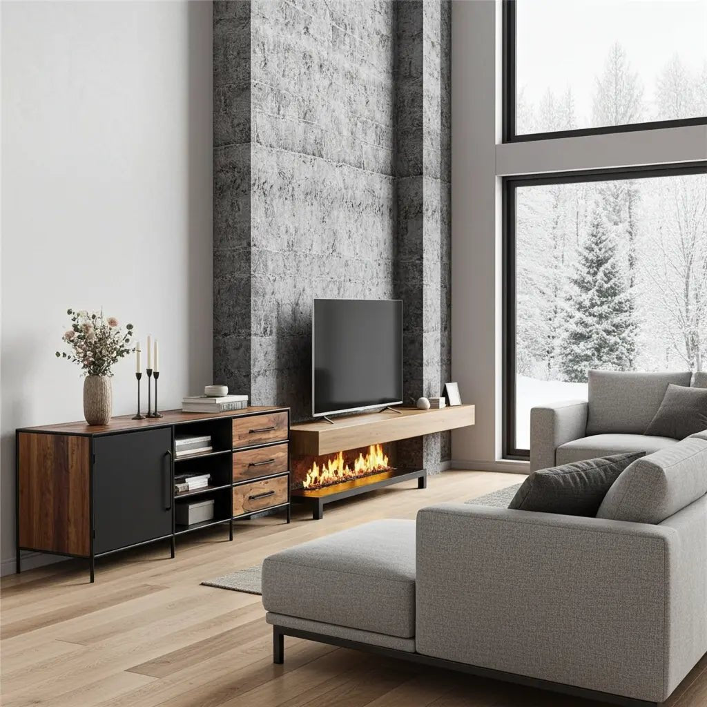 Meuble télé en bois recyclé avec porte en acier et 3 tiroirs