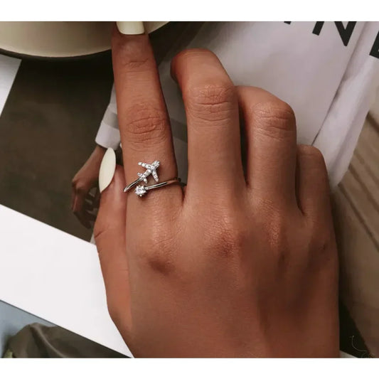 Genuine 925 Sterling Silver Flying Plane Open Adjustable Ring With Clear Cz - Fine Jewelry