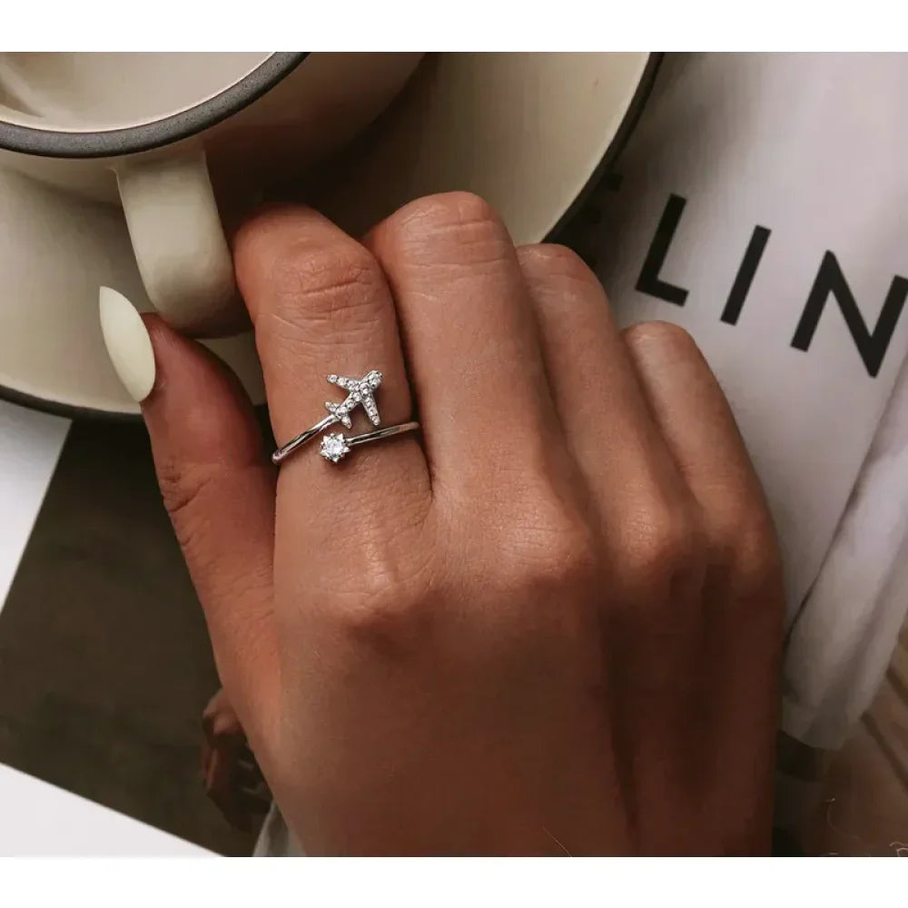 Genuine 925 Sterling Silver Flying Plane Open Adjustable Ring With Clear Cz - Fine Jewelry