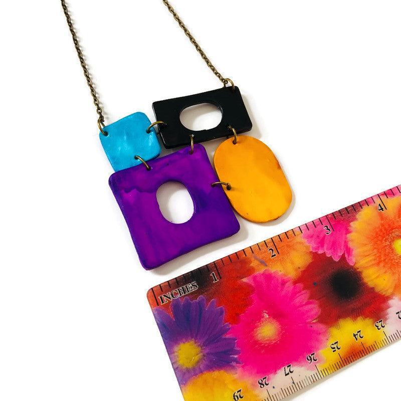Color Block Statement Pendant Necklace, Four-Piece Design, Handmade Polymer Clay