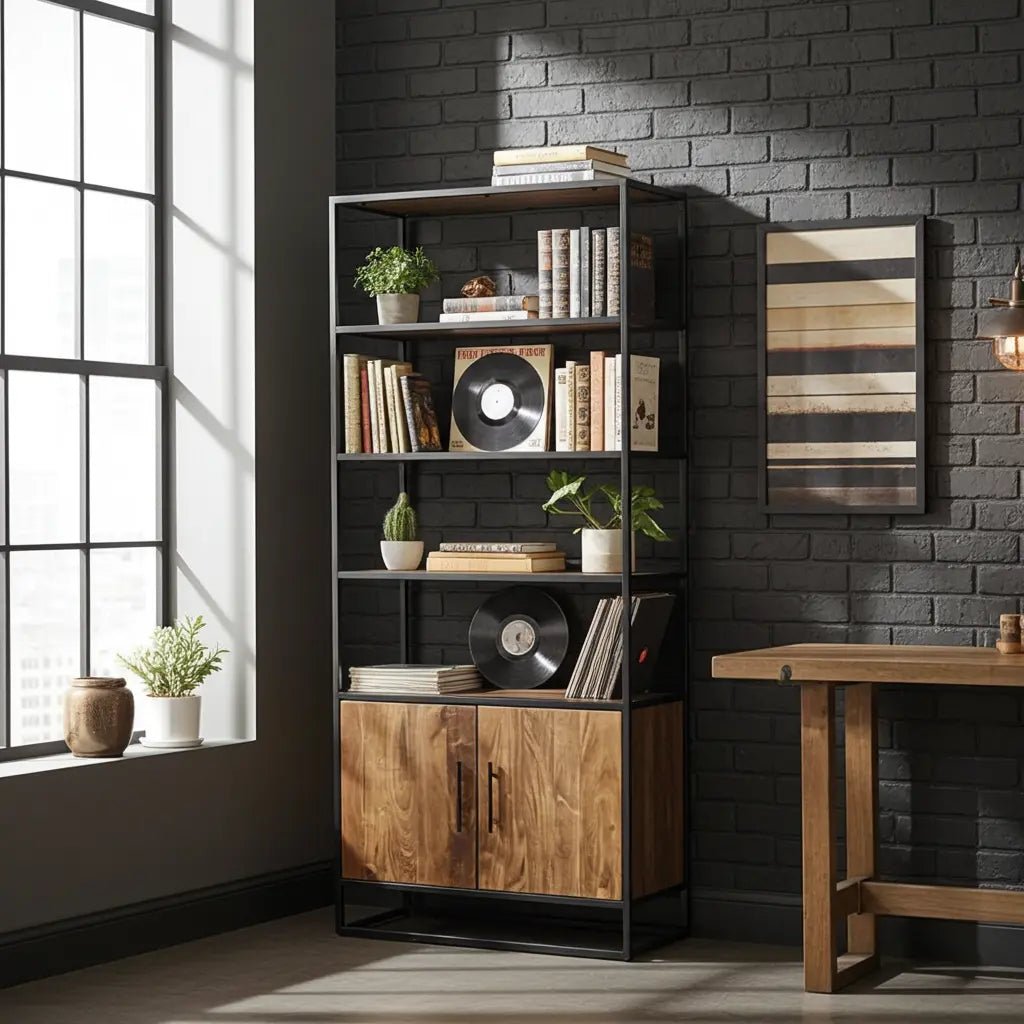 Étagère en Bois d'Acacia 2 portes sur structure d'acier noir