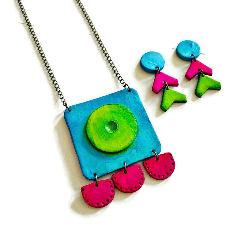 Handmade 80s Neon Geometric Clip-On Earrings