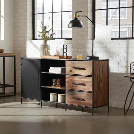 Buffet en bois recyclé avec porte en acier et 3 tiroirs