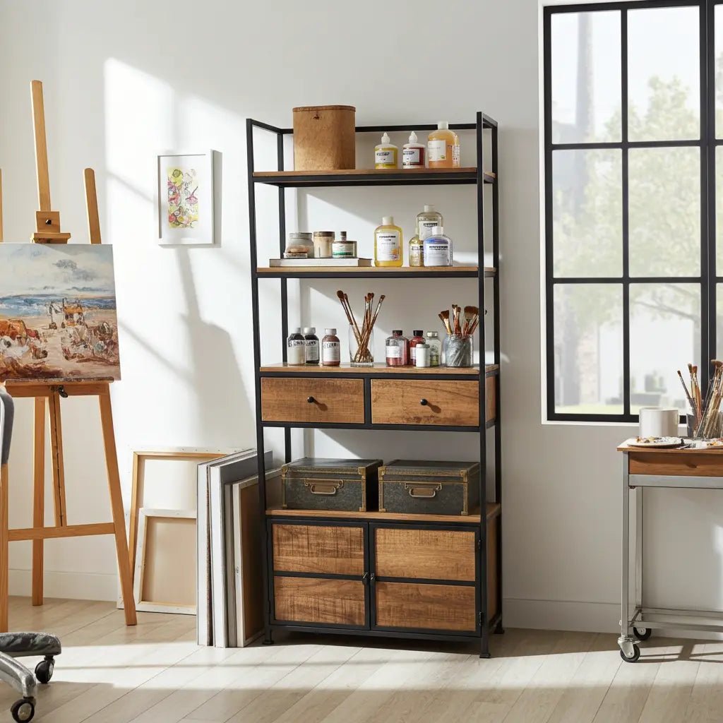 Étagère Style industrielle en bois de manguier et acier noir avec 2 tiroirs