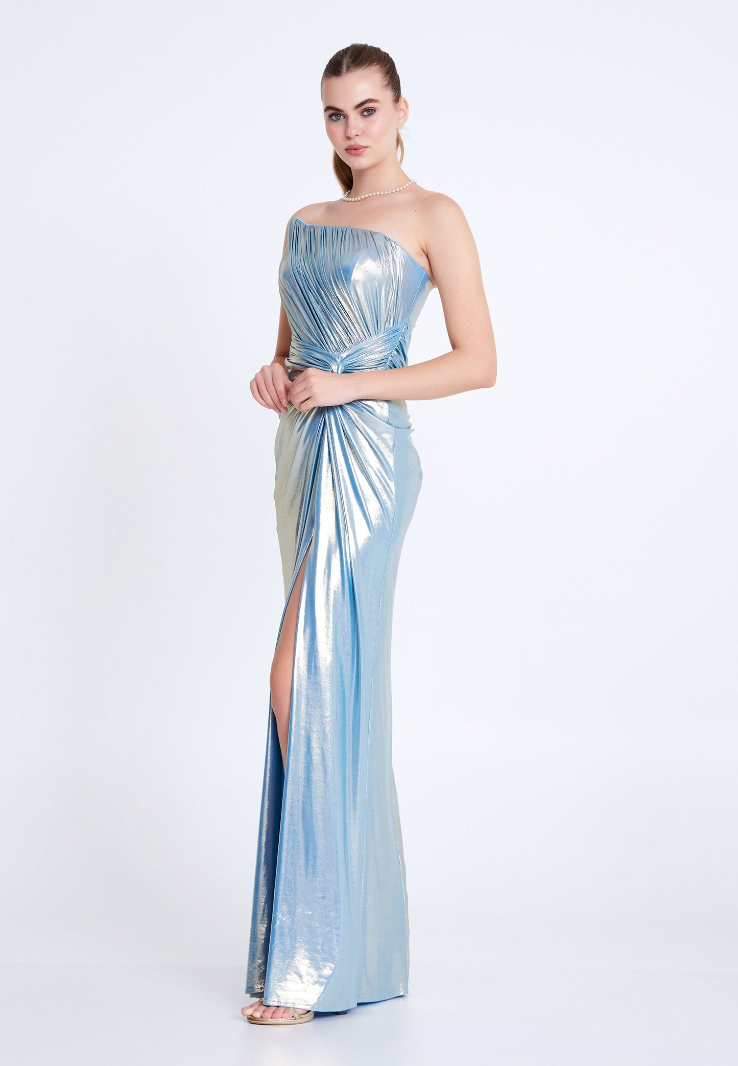 Metallic One-Shoulder Draped Gown with High Slit – Ice Blue