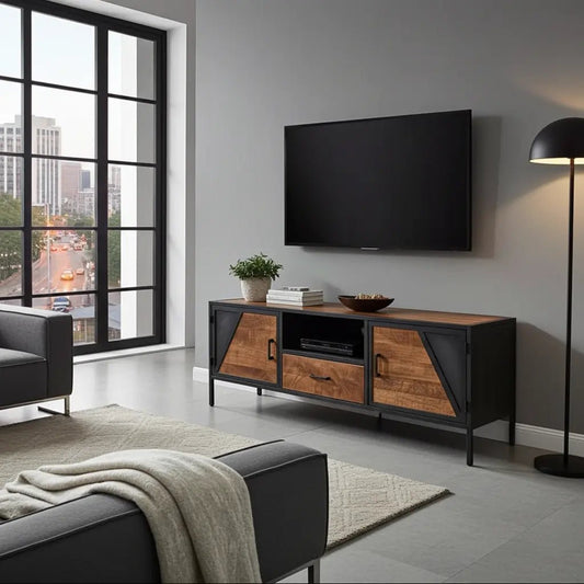 Meuble Télé AZERA Bois de Manguier et acier gris vintage