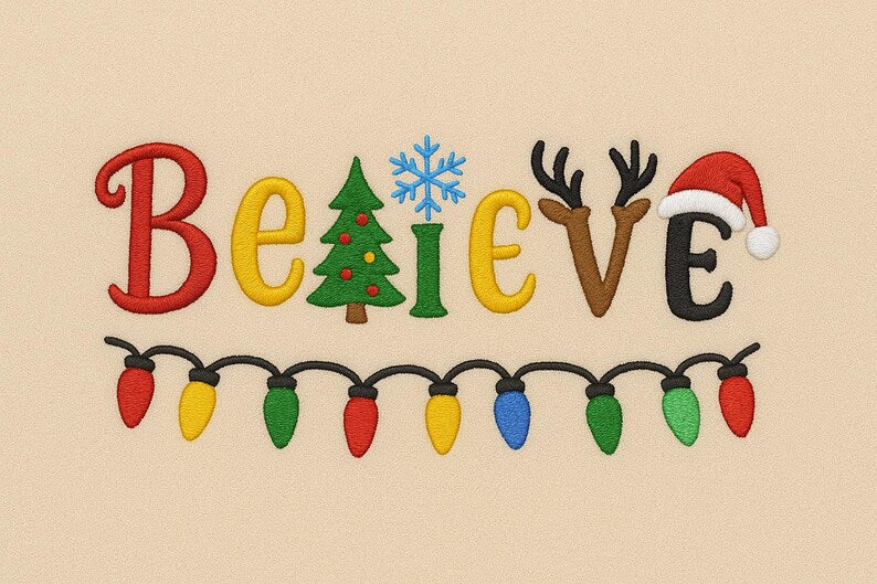 Embroidered Believe Christmas Lights Holiday Sweatshirt Design