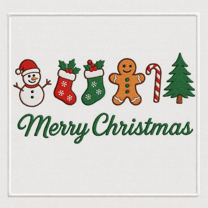 Embroidered Merry Christmas Icons Sweatshirt – Snowman, Stockings, Gingerbread, Candy Cane & Tree