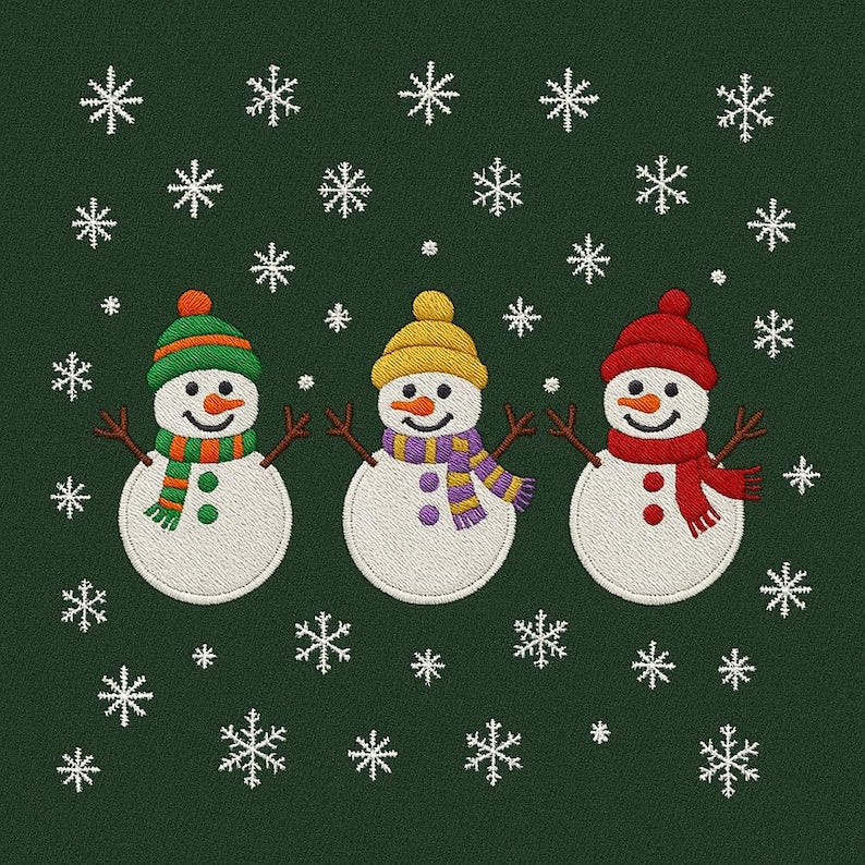 Embroidered Christmas Snowman Trio Sweatshirt – Festive Red Holiday Sweater with Snowflakes