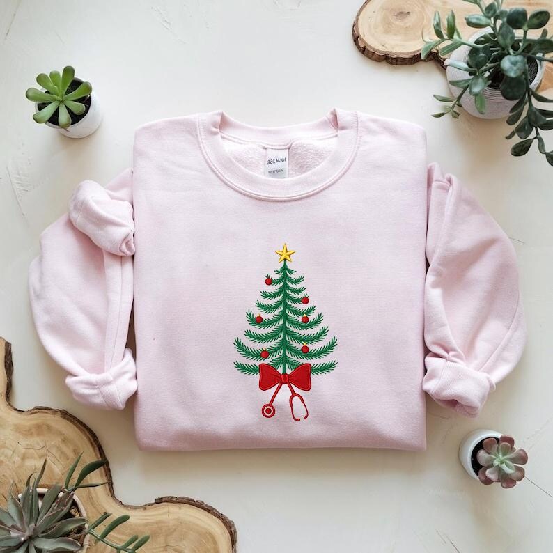 Embroidered Festive Christmas Nurse  Tree & Bow