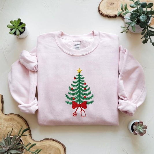 Embroidered Festive Christmas Nurse  Tree & Bow