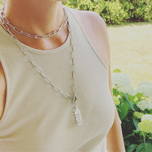 Clear Quartz Double Wrap Paper Clip Necklace in Silver