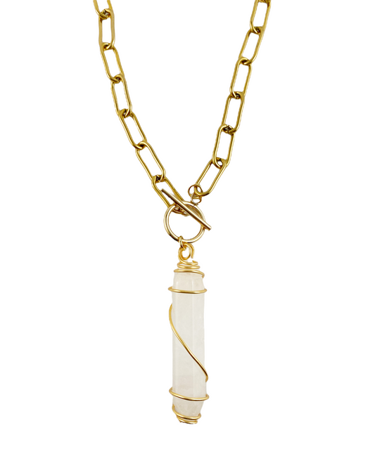 Clear Quartz Double Wrap Paper Clip Necklace in Gold