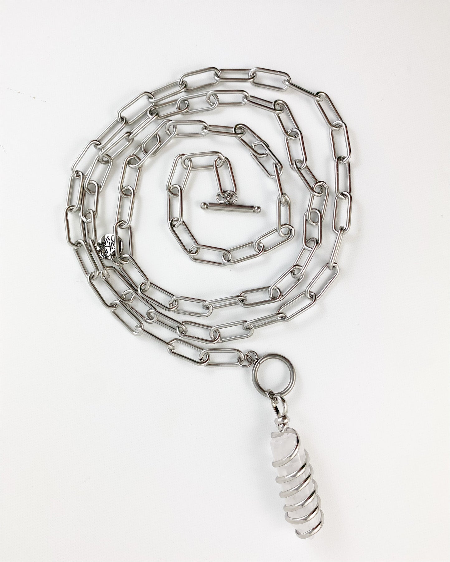 Clear Quartz Double Wrap Paper Clip Necklace in Silver