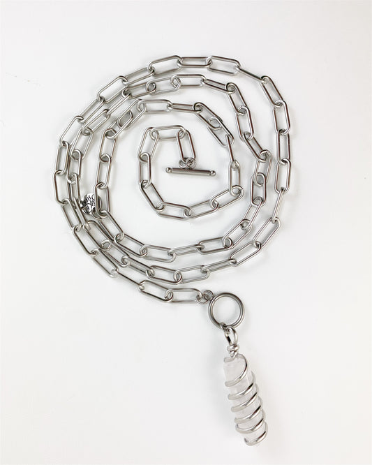 Clear Quartz Double Wrap Paper Clip Necklace in Silver