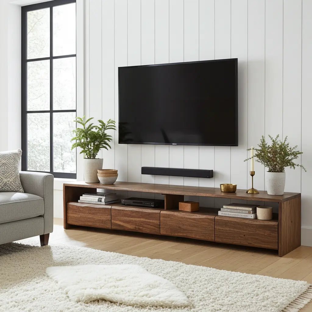 Meuble télé en bois d'Acacia Live Edge (Walnut) avec 4 tiroirs