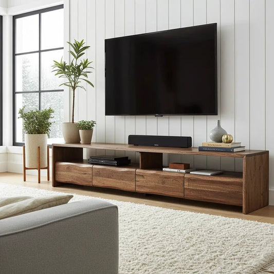 Meuble télé en bois d'Acacia Live Edge (Walnut) avec 4 tiroirs